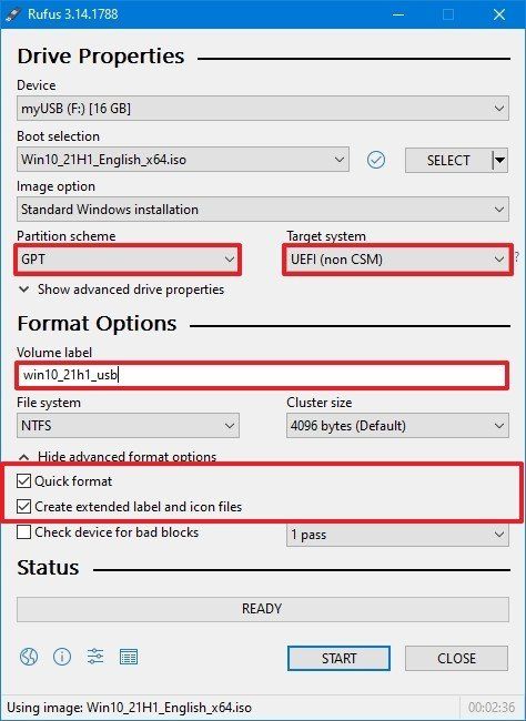 إعدادات Rufus لإنشاء وسائط UEFI قابلة للتمهيد